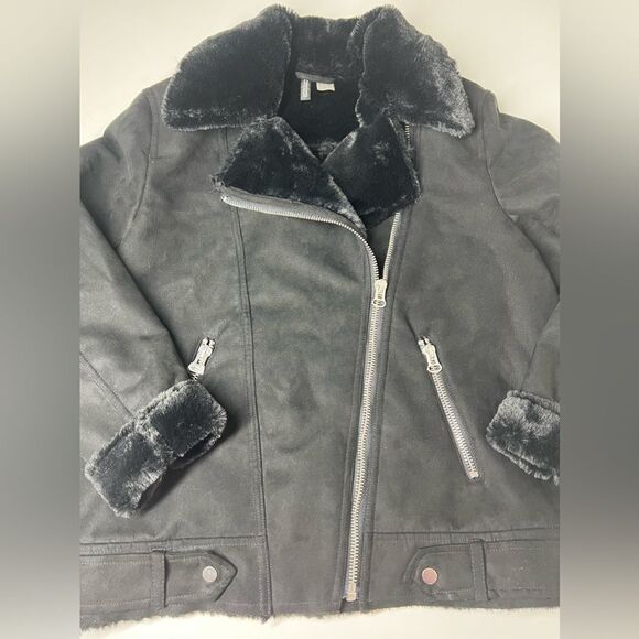 H&M Faux Fur-lined Biker Jacket Black Full Zip Aviator Size 8 - Picture 4 of 15